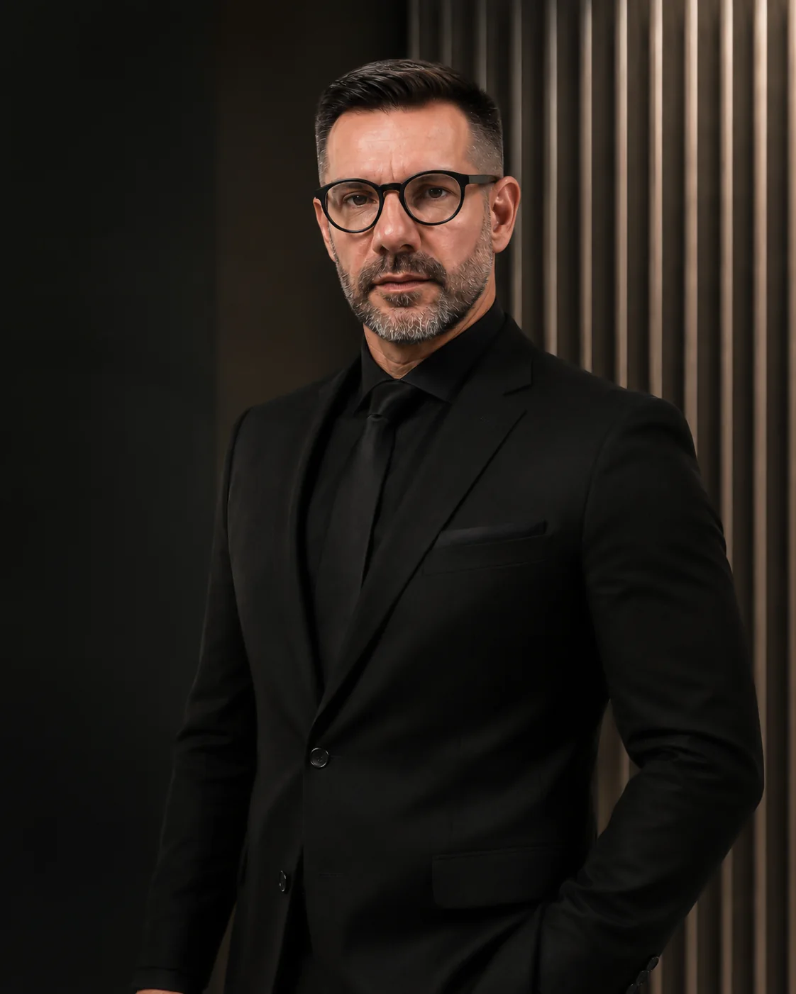 Rafael Carissimi em retrato profissional com traje preto